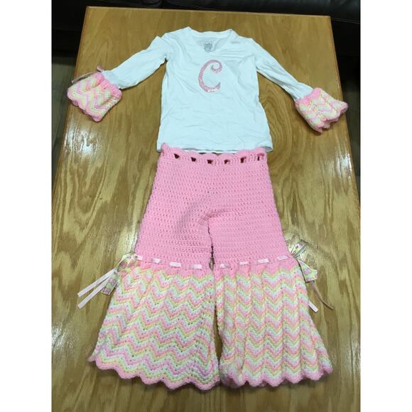 Faded Glory Pants Shirt 2-Piece Set Girls XS (4-5) Pink White Knit